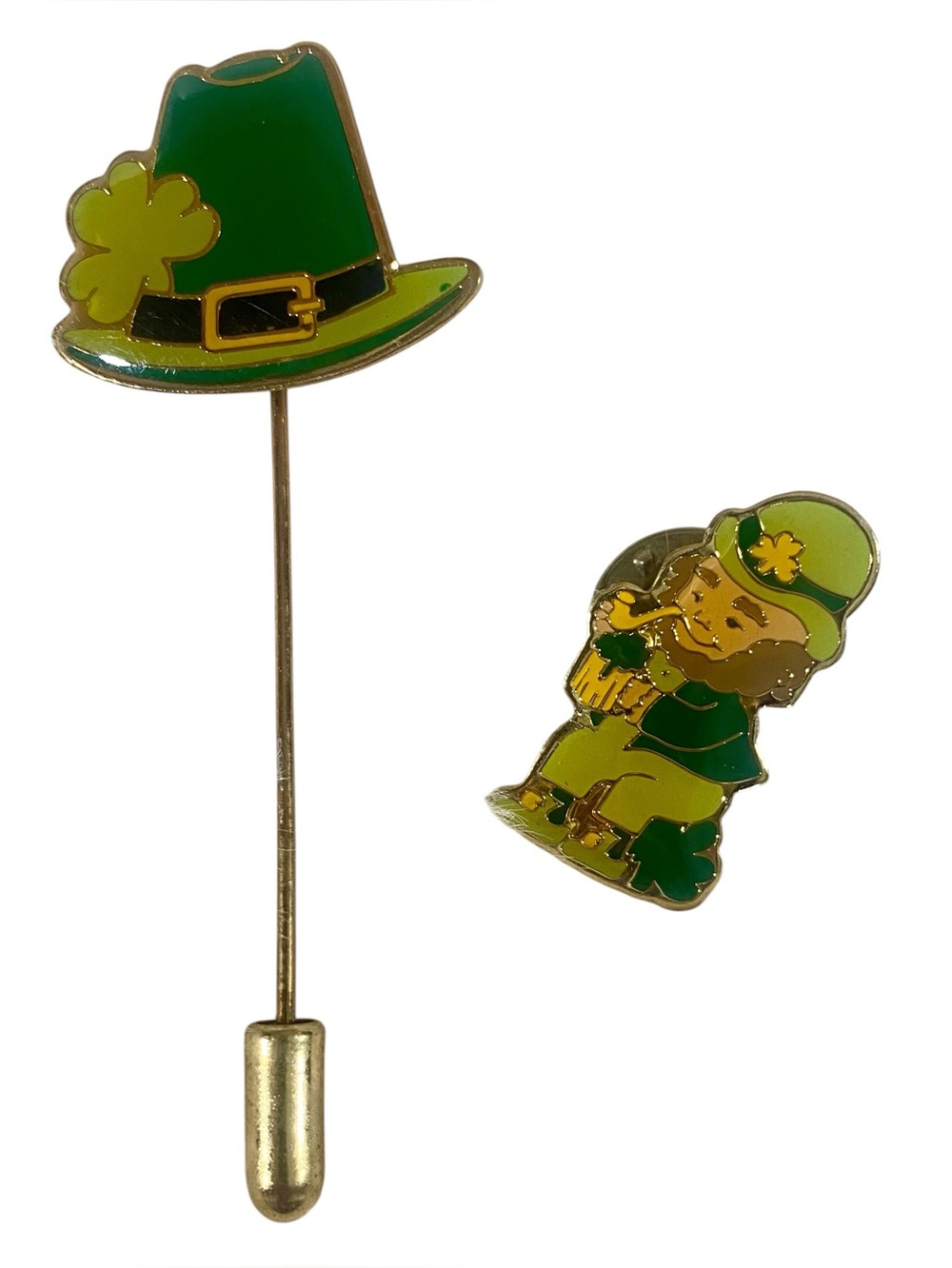 ST. Patricks Day Brooch Lapel Pin Vintage Leprechaun Shamrock Irish Set of 2
